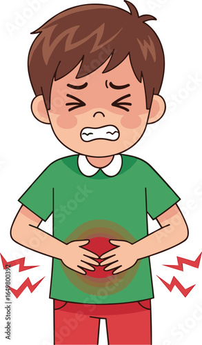 Cartoon boy suffering from stomach ache, holding belly in pain, digestive health problem, food poisoning, abdominal discomfort, sick child illustration, health awareness