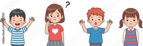 Cartoon children showing happy, confused, surprised, sad expressions, emotional diversity, kids reaction illustration, facial emotions, character design, learning feelings, mood depiction