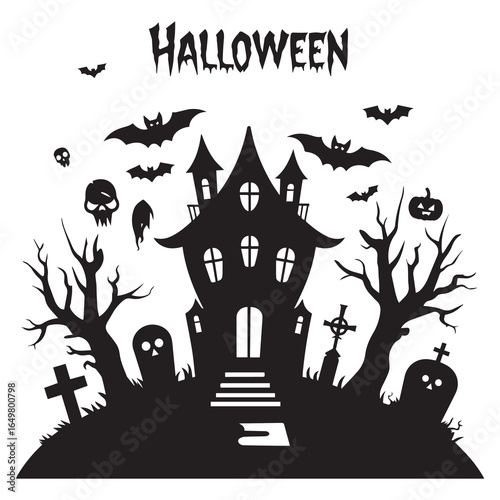 Spooky Halloween Haunted House Silhouette with Bats and Ghosts