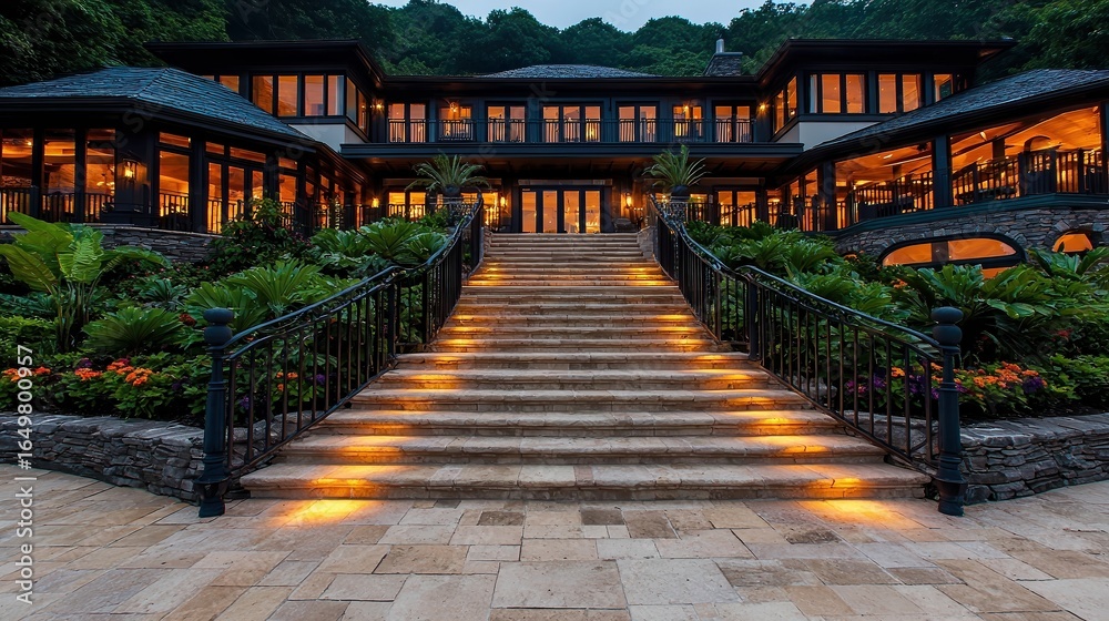 Fototapeta premium A stunning exterior view of a luxurious home features elegant landscaping and softly lit pathways leading to the entrance, perfect for real estate marketing, architectural design