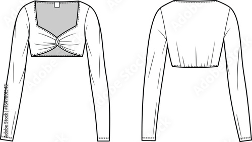 Fashionable long sleeve crop top technical flat sketch, women twisted front design blouse, stylish garment template for fashion designers