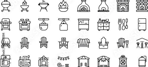 Black and white line icons collection of outdoor cooking, patio furniture, kitchen appliances, and backyard equipment for home and garden