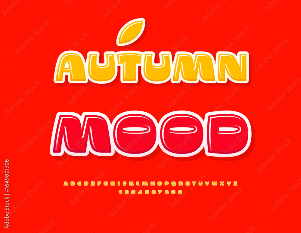 Obraz premium Vector Seasonal poster Autumn Mood. Glossy Yellow Font. Unique Fashion Alphabet Letters and Numbers set.