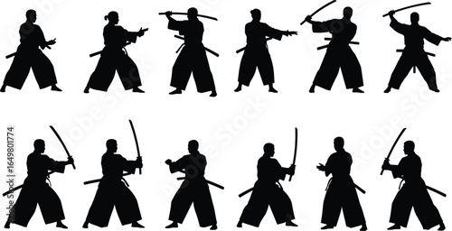 Martial arts sword silhouettes, traditional swordsmanship poses, warrior stances, combat training, discipline, precision, Japanese katana practice, martial technique