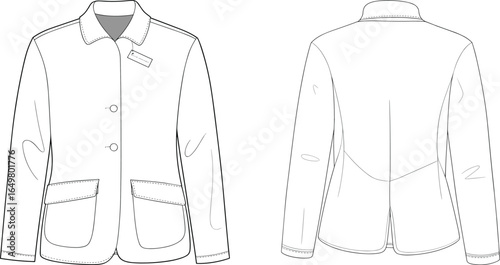 Professional long sleeve blazer jacket flat sketch, front and back view, tailored fit, flap pockets, collar design, fashion vector template