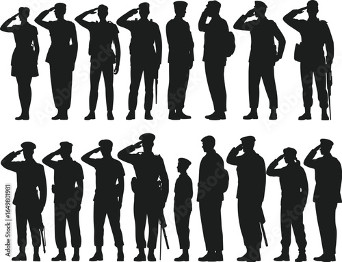 Military salute silhouettes, uniformed people in rows, gesture of respect, disciplined posture, formal tribute, black figures, white background