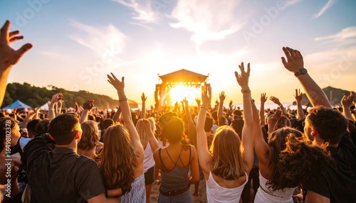People enjoying a music concert under a golden sunset.