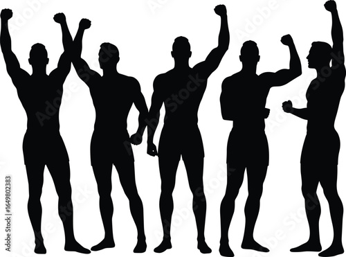 Muscular silhouettes standing in row, triumphant pose, strong men flexing arms, fitness celebration, vector illustration, CAD drawing, sports concept