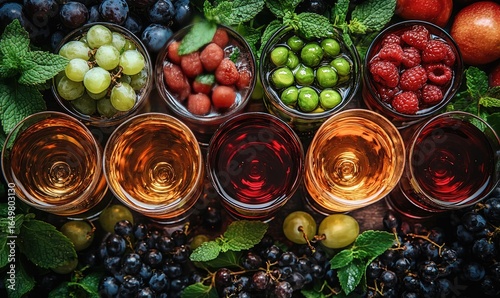 Assorted wine glasses filled with different colored wine, surrounded by fresh grapes, raspberries, peas, and mint leaves