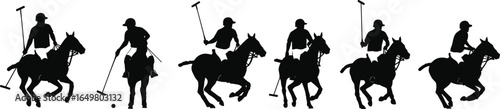 Polo players silhouettes, horse riding sport, polo mallet action, equestrian game vector, sportsmanship illustration, horseback riding athletes, black vector icons