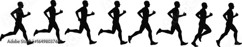 Running motion silhouette sequence, athlete stride phases, biomechanics vector, sports science illustration, CAD drawing, human movement study, sprint animation concept