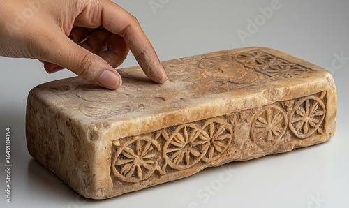 Hand touches an aged, rectangular stone block with carved floral-wheel patterns around its sides, resting on a white surface. Texture suggests age and wear. Natural, neutral tones