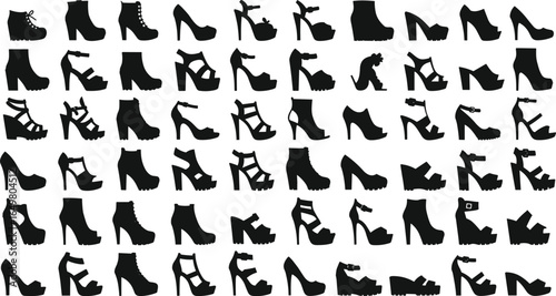 Shoe silhouette set, 50 black vector icons, high heels, boots, sandals, platforms, fashion footwear clipart, stylish shoe designs