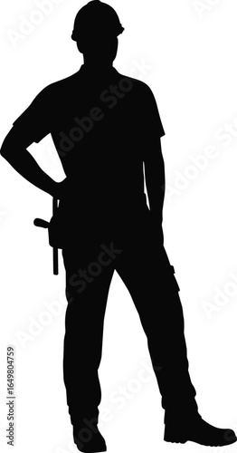 Silhouette of construction worker wearing hard hat and tool belt, standing pose, isolated vector, tradesman or builder illustration concept