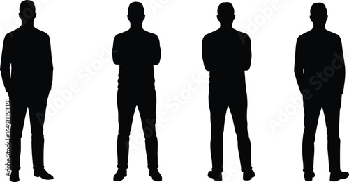 Silhouette of men standing, various poses, black figures, human shadows, male outlines, casual stance, isolated white background, diversity, confident posture, full body