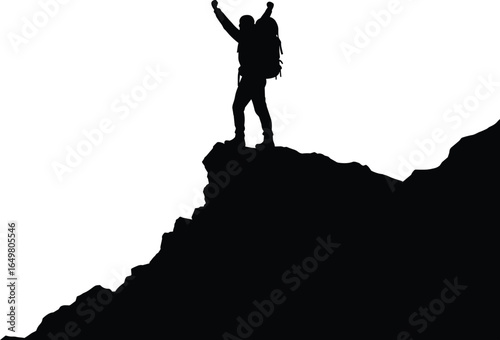 Silhouette of victorious hiker on rocky mountain, adventure success, peak achievement, travel triumph, outdoor explorer, freedom and challenge