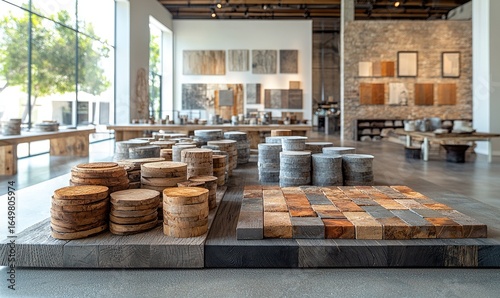 Modern interior display showcasing various wooden and stone forms