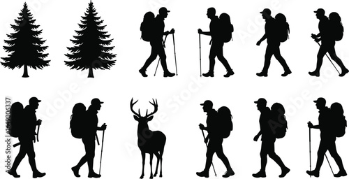 Silhouettes of hikers, trees, and deer in forest landscape, hiking and trekking scene vector, outdoor adventure nature design elements