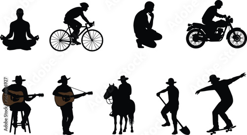 Silhouettes of people in diverse activities — yoga, cycling, guitar playing, horseback riding, skateboarding, meditation, and more