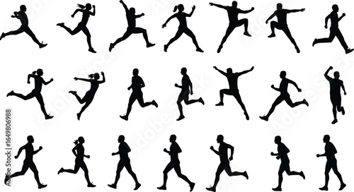 Silhouettes of people running and jumping, athletic motion, energetic poses, fitness exercise, jogging figures, male and female action vector