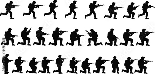 Soldier silhouette vector set, military men with guns, army poses illustration, combat tactical action shapes, black army figure icons
