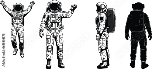 Vector illustration of astronauts in space suits, front, side, back views, detailed drawing, space exploration, futuristic, black and white design