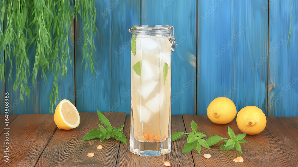 Fototapeta premium glass of iced lemonade with mint leaves and ice cubes