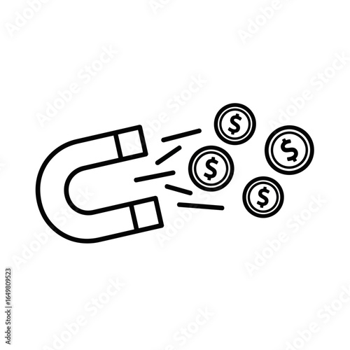 A horseshoe magnet attracting dollar coins, symbolizing financial gain and wealth accumulation, isolated on white background, vector illustration