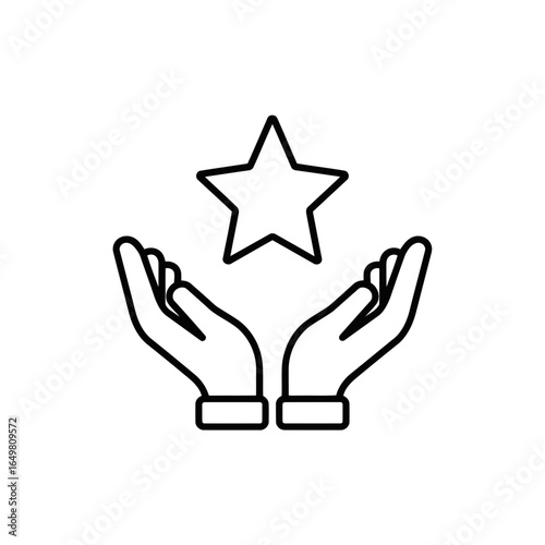 Outline icon of a star held between two open hands, isolated on white background, symbolizing achievement, recognition, and support, vector illustration