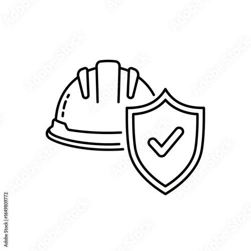 Hard hat and shield with a check mark, representing safety and protection in construction and industrial work, isolated on a white background, vector illustration