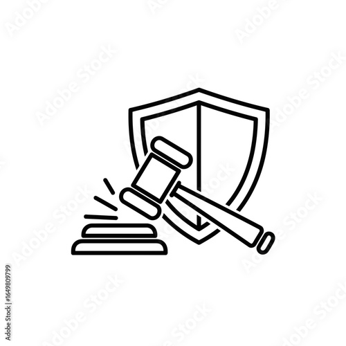 Black and white outline icon of a gavel striking a sound block in front of a shield, representing law, justice, and protection, isolated on white background, vector illustration