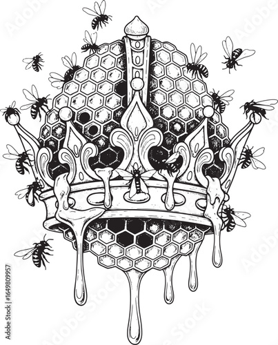 Detailed Hand-Drawn Crown with Bees and Honey