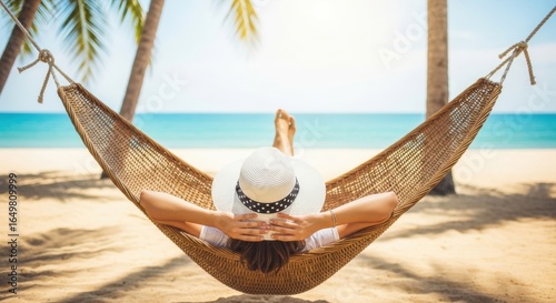 Serene Beach Escape: Woman Relaxing in Hammock Under Palm Trees