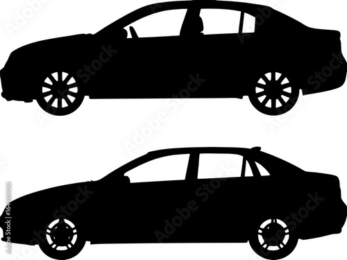 "Two minimalist black silhouettes of a modern sedan, one frontal view and one 3/4 side profile, clean geometric shapes, solid black on pure white background, clearly defined windows, doors, and wheels