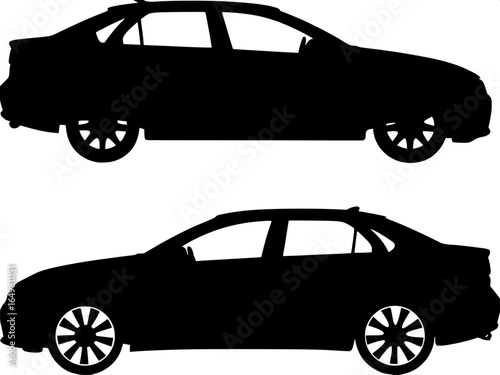 "Two minimalist black silhouettes of a modern sedan, one frontal view and one 3/4 side profile, clean geometric shapes, solid black on pure white background, clearly defined windows, doors, and wheels