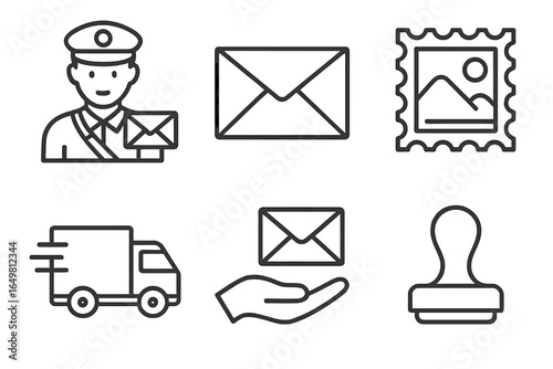 Postal service icons featuring mail delivery and stamps