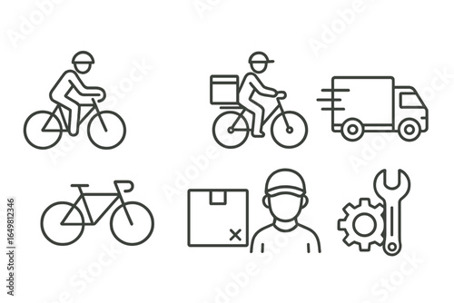 Vector icons of bicycle courier, delivery van, and repair tools