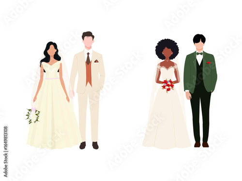 African-American bride, asian groom, american groom, latina bride. set of vector cartoon wedding illustration isolated on transparent background