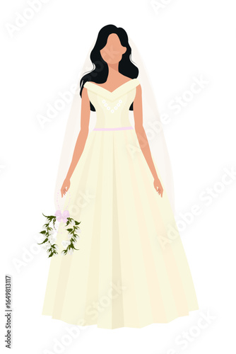 Bride in a cream color wedding dress with a bridal trend bouquet. Abstract bride silhouette.  Vector illustration design on transparent background
 