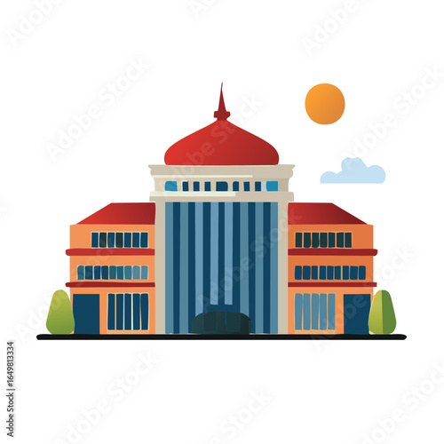 Flat building illustration with red domed roof, blue striped columns, windows, orange brick walls, and simple sun and cloud design.