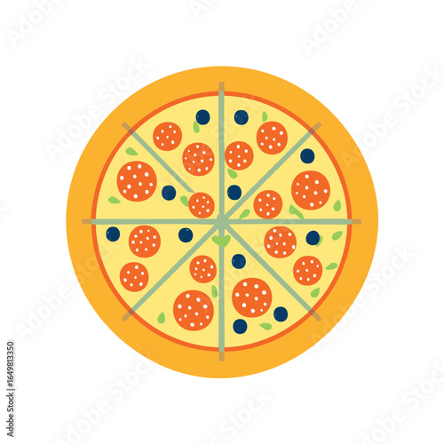 Stylized pepperoni pizza with olives and basil leaves cut into slices top view.