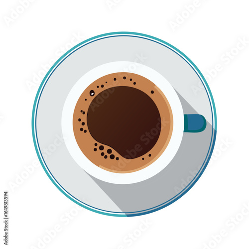 Coffee cup with crema flat lay, round plate with shadow, dark hot drink, refreshment