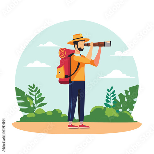 Man with backpack using telescope in nature with foliage and sky illustration