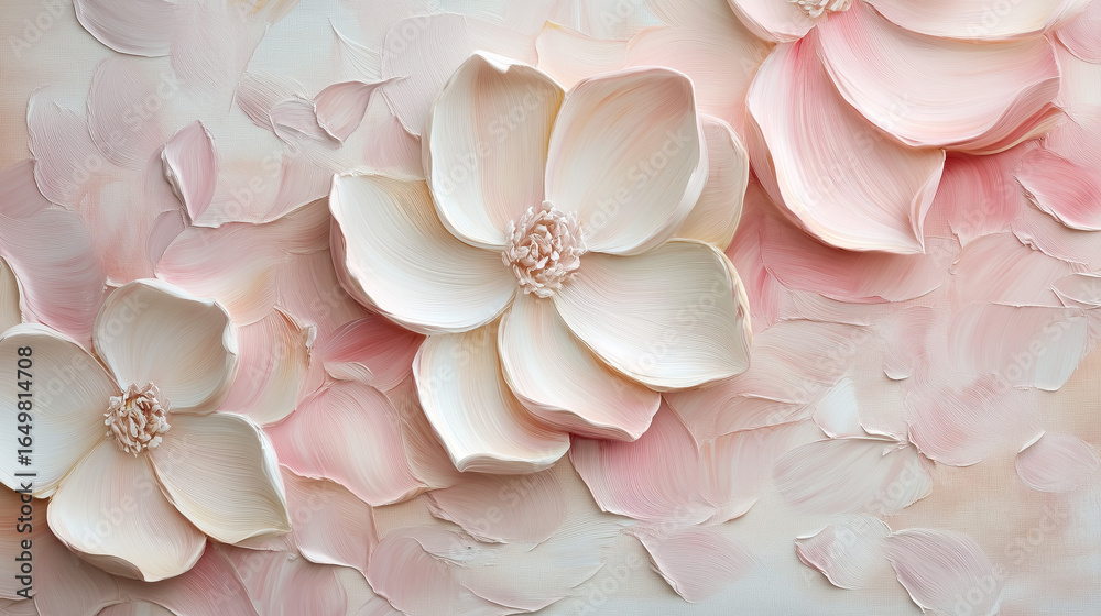 Fototapeta premium Romantic oil painting of blooming, white and blush petals, palette knife texture, soft daylight tones. Textured floral wall art, flowers in soft pink and ivory, sculptural impasto technique, elegant 