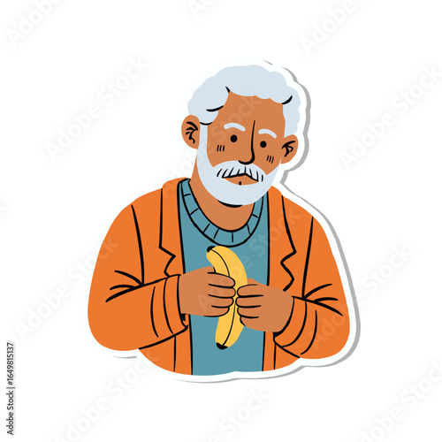 Elderly man with a white beard holding a banana