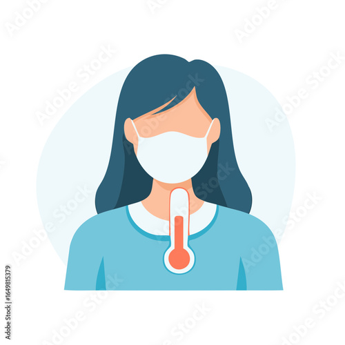 Woman with face mask holding a thermometer, feeling sick or having fever