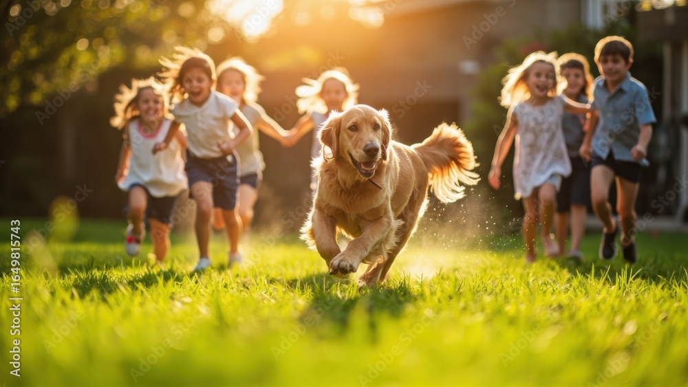 Fototapeta premium A group of children of different ages laughing and running after a golden retriever dog on a green lawn on a sunny day, concept of a happy family and childhood
