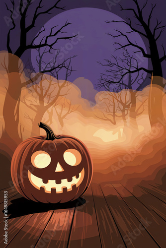 Spooky pumpkin illuminated in a misty forest during Halloween night with eerie trees in the background