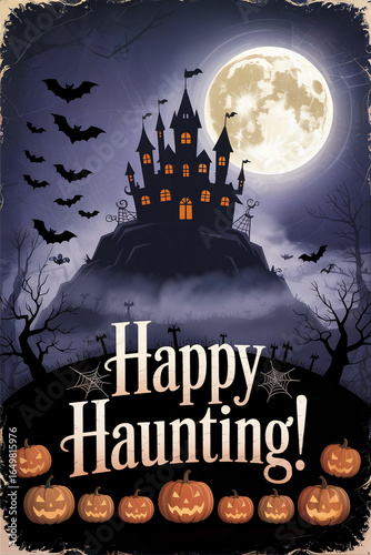 Haunted castle with full moon shines over glowing pumpkins and bats during Halloween night celebration