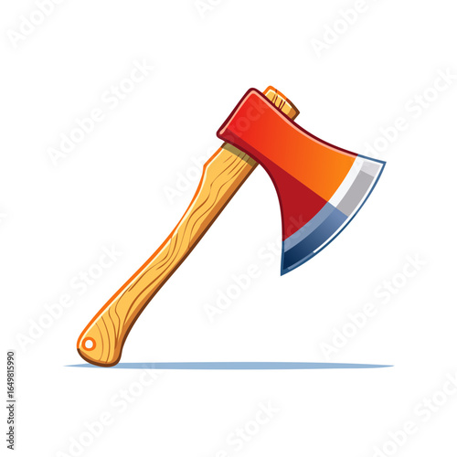 Axe illustration: wood chopping tool with wooden handle and red metal head for cutting